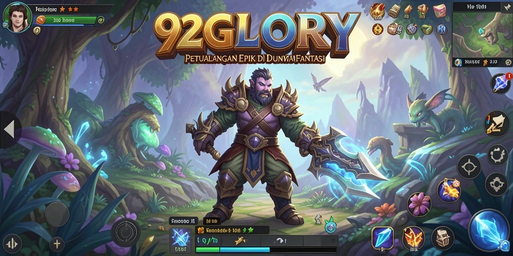 Tampilan utama gameplay 92GLORY dengan karakter menjelajah dunia fantastis.