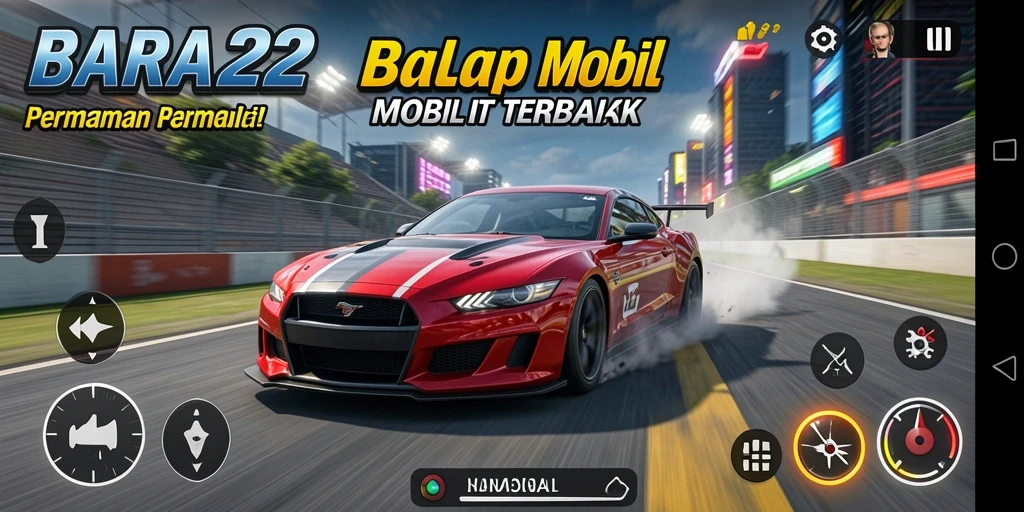 Screenshot gameplay BARA22 yang menampilkan aksi balap mobil yang mendebarkan.