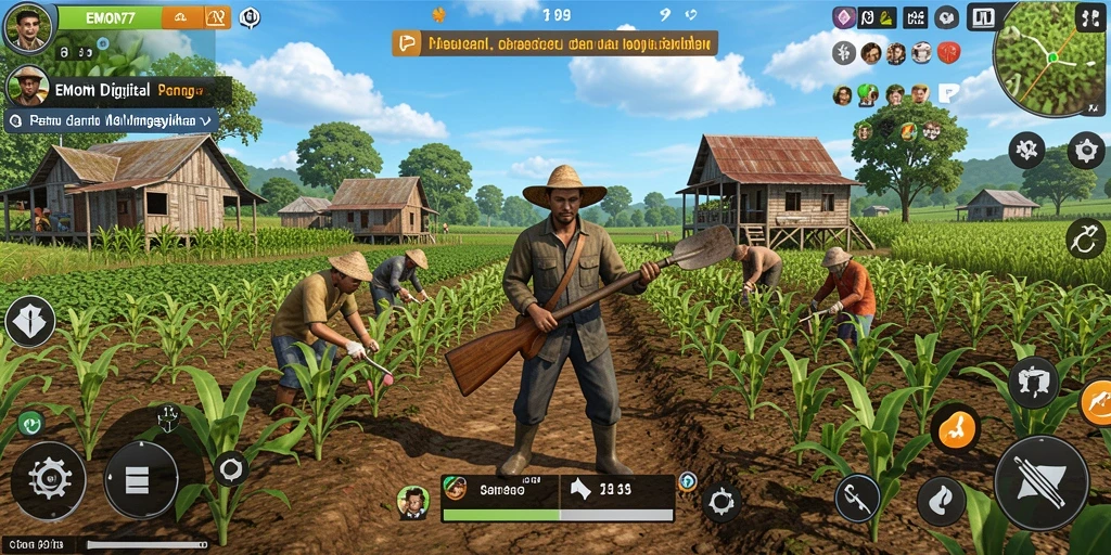 Gameplay EMON77 menunjukkan aktivitas bertani yang menyenangkan dan interaktif.