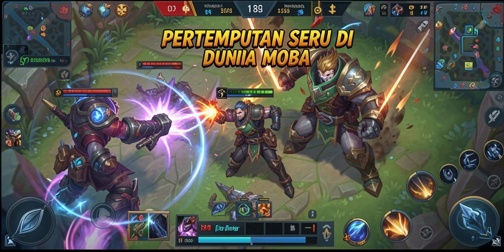 Screenshot menunjukkan pertarungan tim yang seru dalam gameplay MOBA.