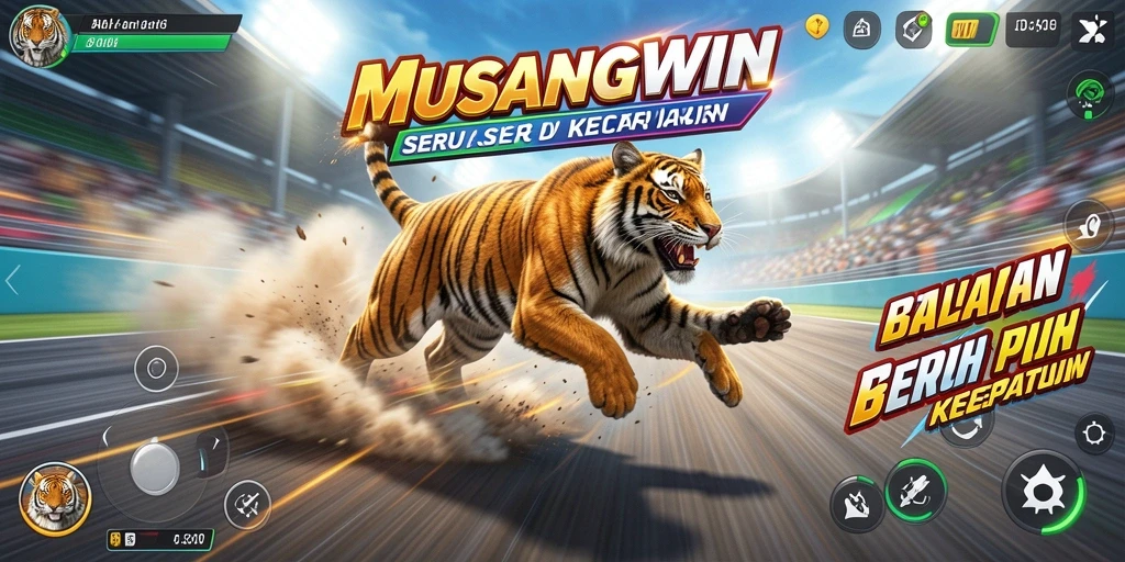Screenshot gameplay MUSANGWIN menampilkan balapan yang intens dan menegangkan.