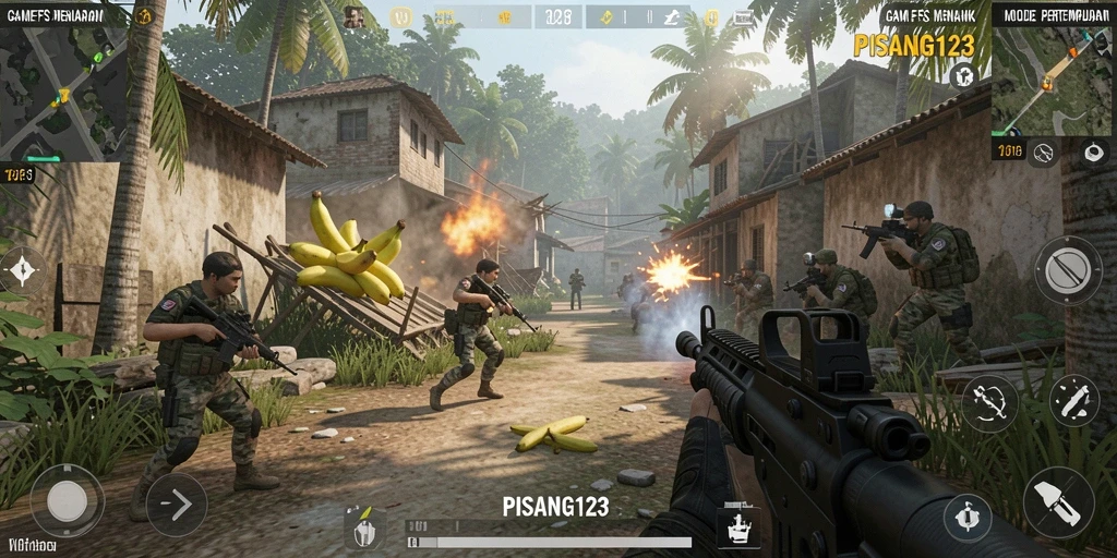 Screenshot gameplay intens dari PISANG123 menampilkan aksi tembak-menembak.