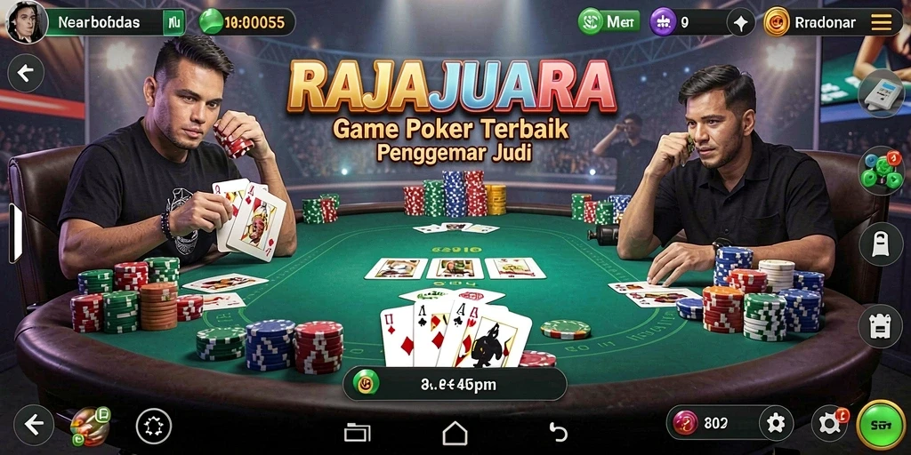 Tangkapan layar utama RAJAJUARA yang menampilkan gameplay Poker yang seru.