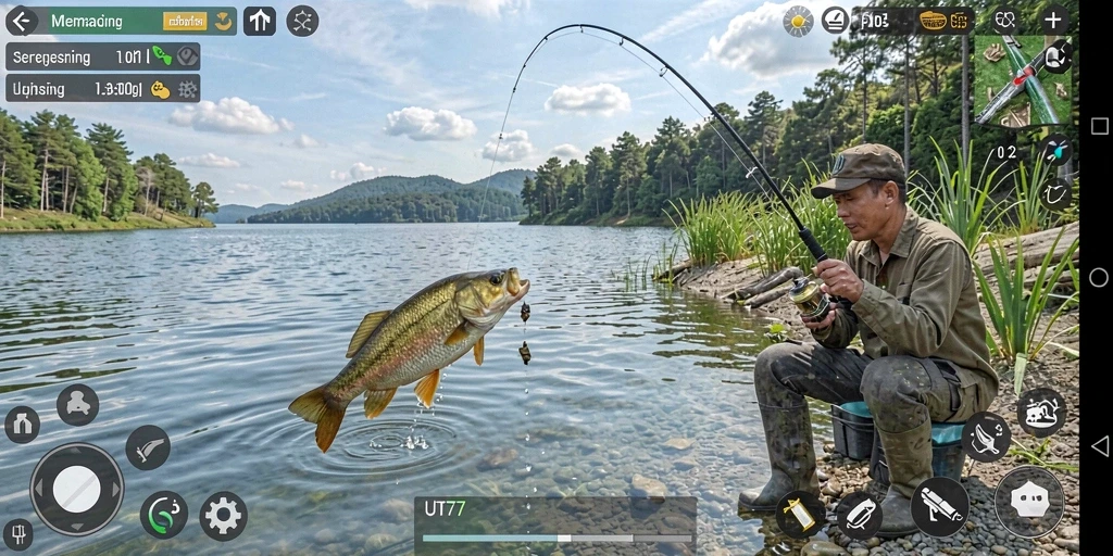 Tampilan gameplay UT77 saat menangkap ikan di danau.
