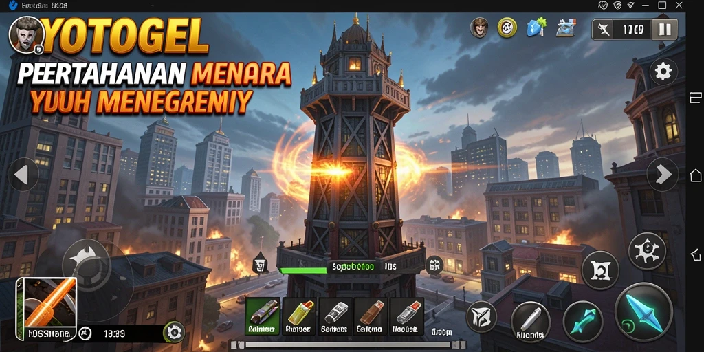 Tangkapan layar YOTOGEL menampilkan menara pertahanan yang sedang beroperasi melawan gelombang musuh.